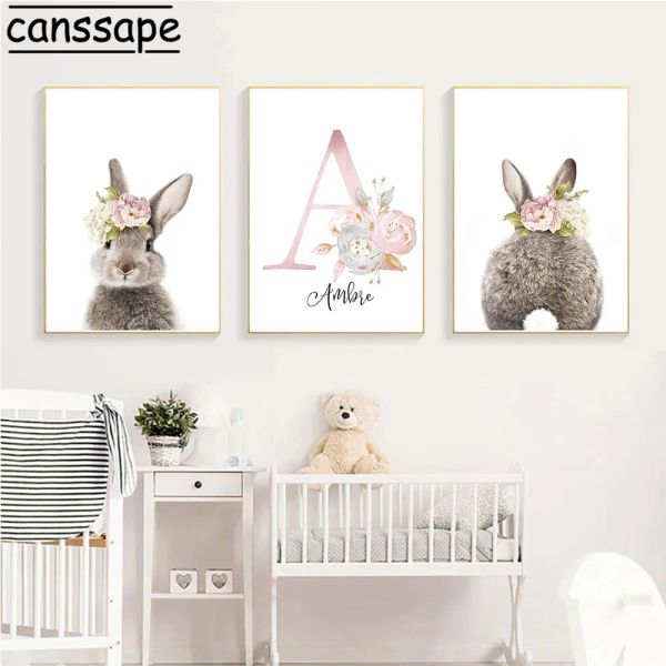 Pierres tombales lapin imprimé nom personnalisé affiches d'art queue de lapin pépinière mur Art toile peinture nordique mur photos pour décoration de chambre de bébé