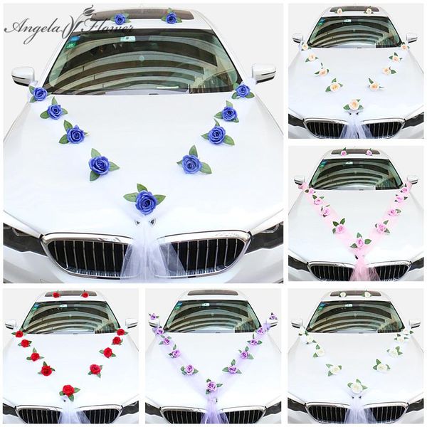 Lápidas Decoración del coche de la boda Flores artificiales con cinta para la manija de la puerta del coche Espejo retrovisor Decoración de la esquina trasera Guirnalda Flor de rosa de seda