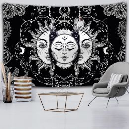 Pierres tombales Blanc Noir Soleil Lune Mandala Tapisserie Tenture Murale Sorcellerie Tapisserie Murale Hippie Tapis Décor De Dortoir Tapisserie Psychédélique