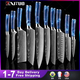 Ensemble de couteaux de cuisine Xituo, pierre tombale, manche en résine bleue exquise, motif Laser damas, couteau de chef Santoku, couteaux à trancher, meilleur cadeau