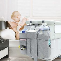 Grijze Baby Crib Organizer Flax Luiertas Bed Opknoping Opbergtas voor Baby Essentials Luier Nappy Storage Cradle Tas Beddengoed Set 211025