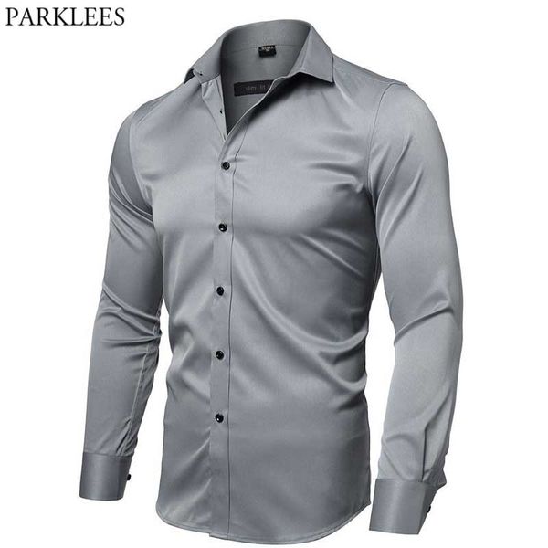 Camisas de vestir de fibra de bambú gris Hombres Casual Slim Fit Elástico Oficina Boda Camisa de trabajo para hombre de alta calidad Easy Care Brand Shirt 210522