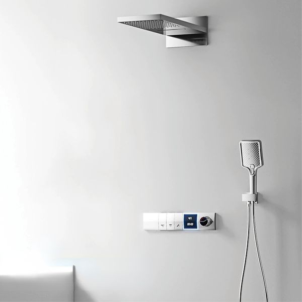 Système de douche en laiton gris Intelligent LED Affichage numérique Conception murale Mur à double commande Cold Cold Hot 4-Function Tap en laiton Douche