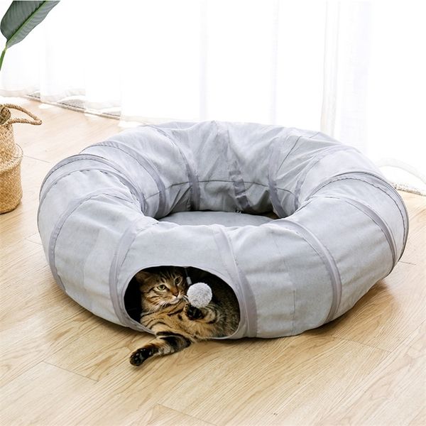 Gris Chat Jouet Pliable Traversée Tunnel long Nid Lit De Chat Écologiquement Éducatif Pet Jouet Rond En Daim Respirant Lit De Chat 201217