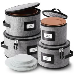 Rangement d'assiettes en porcelaine grise, ensemble de conteneurs de stockage de vaisselle, 4 pièces solidement rembourrées