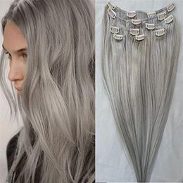 #Gray Clip en Extensiones de Cabello Humano 120g set 14''-26'' Clip de Cabello Humano Peruano en Extensiones 7pcs set Plata 303z