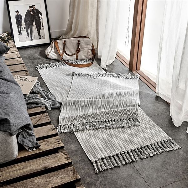 Gris coton et lin gland tissé tapis nordique chambre tapis de chevet tapis noué à la main simple couverture de meubles 201214