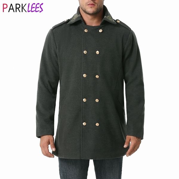 Gris doble pecho guisante abrigo hombres invierno elegante oro bordado para hombre gabardina estilo británico abrigo masculino rompevientos 210522