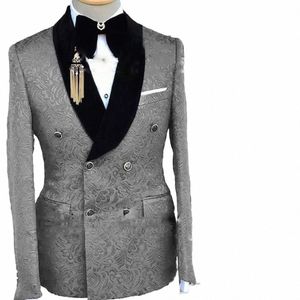Grijs Formeel Pak voor Mannen Bloemen Jas Broek 2 Delige Set Party Bruiloft Bruidegom Tuxedo Elegante mannen Pak Knappe blazer d3jJ #