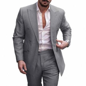 Costumes formels gris pour hommes Double boutonnage Blazer Pantalon 2 pièces Busin Office Outfit Mariage Groom Tuxedos Costume Homme i20v #