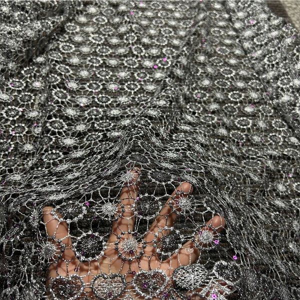 Tissu africain en dentelle de cordon français gris de haute qualité, longueur 5 Yards, paillettes lourdes, lacets Guipure nigérians pour couture de mariage, 2024