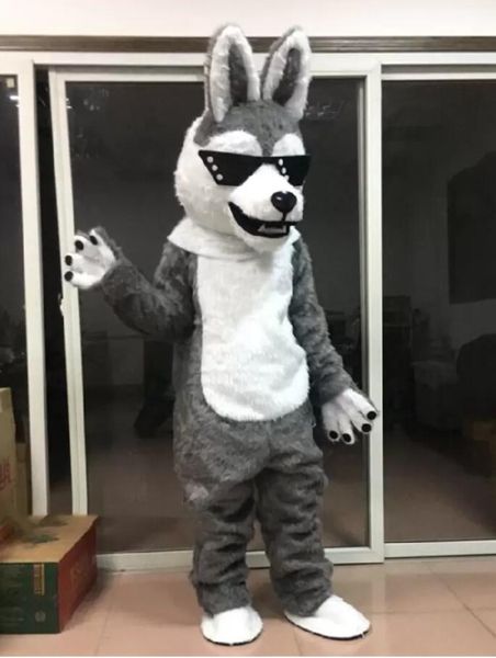 Traje de mascota de perro Husky de peluche de piel gris, trajes de fiesta, trajes de vestir, publicidad, carnaval, traje elegante