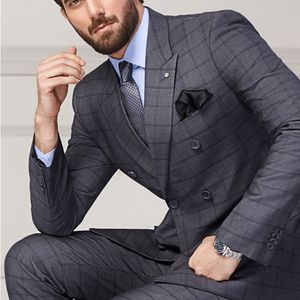 Grey Glen Plaid Mens Wedding Tuxedos Slim Fit Double Breasted Bruidegom Broek Past 2 Stuks Formele Beste Mannen Zakelijke Blazer