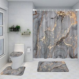 Ensemble de rideaux de douche en marbre gris doré craquelé, décor de salle de bains en tissu à Texture créative moderne et tapis de bain antidérapant 240328