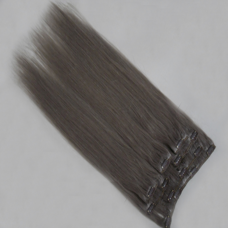 Gri saç uzantıları 7 adet içinde 100g gümüş İnsan saç uzantıları klip İnsan saç uzantıları klip