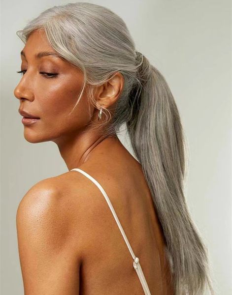 soplo de pelo gris Sal y pimienta clips de extensión de cola de caballo de cabello humano gris plateado cordón afro moño updo rubio 140g 18 pulgadas