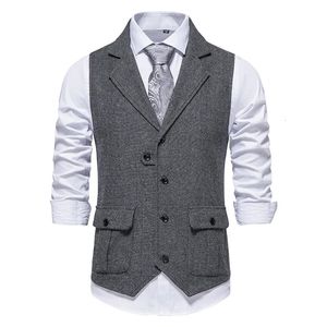 Gray Herringbone Tweed traje chaleco hombres 2023 marca vintage lana mezcla chaleco de chaleco negocio comercio gilet homme 231227