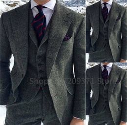 Herringbone gris costume d'hiver pour hommes en tweed tweed slim fit formel de marié de marié smoking 3 pièces ensembles de costumes masculins commerciaux 240430