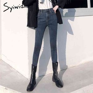 Grijze jeans vrouw hoge taille vrouwen skinny mode Koreaanse gewassen gecoate denim potlood broek stretch jean zwart plus size 210809