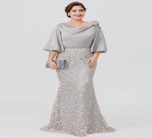 Robes mère de la mariée en dentelle grise, grande taille, longueur au sol personnalisée, demi-manches, robes mère de la mariée sirène, nouvelle collection 2019 M586267077