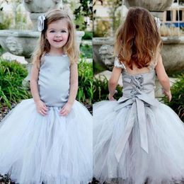 Robes de concours de filles à lacets gris avec bretelles Tulle Tutu jupe robes de fille de fleur pour mariage bébé filles fête d'anniversaire robe de communion