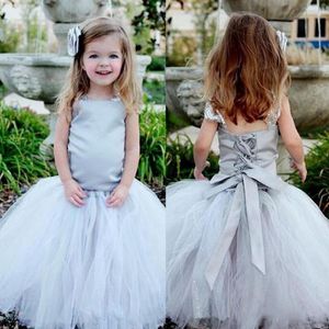 Vestidos grises con cordones para niñas, vestidos de desfile con correas, falda tutú de tul, vestidos de niña de flores para bodas, fiesta de cumpleaños para niñas, vestido de comunión