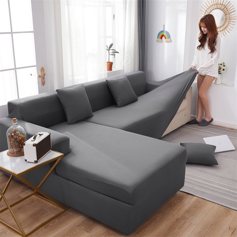 Ensemble de couverture de canapé en cuir gris Housses de canapé élastiques extensibles pour salon Couch Covers Sectional Corner L Shape Furniture Covers LJ201216