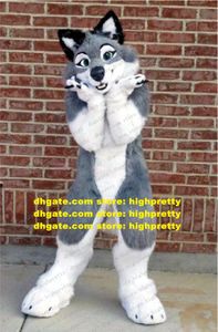 Grijze long fur husky honden mascotte kostuum wolf vos fursuit harige volwassen stripfiguur Keer de lintboetiek heden aanwezig ZZ9519