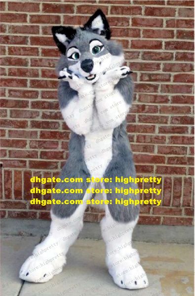 Grey Long Fur Husky Dog Mascot Costume Wolf Fox Fursuit Furry Adult Cartoon Characon Cut The Ribbon Boutique présente ZZ9519