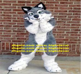 Grey long fourrure husky chien loup renard fursuit à fourrure Costume de mascotte de cartois de dessin adulte coupé la boutique du ruban présent ZZ95194683541