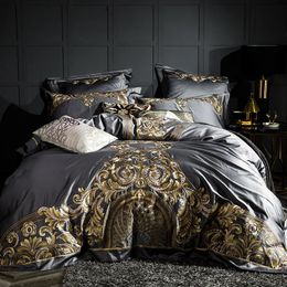 Gris luxe 100S1000TC coton égyptien or broderie royale ensemble de literie européenne housse de couette drap de lit taie d'oreiller en lin 240112