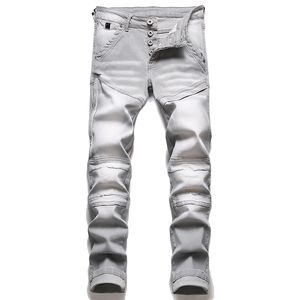 Grijze Motorfiets Jeans Slanke Mannen Broek Casual Stitching Denim Broek Stretchy Gekrast Hoogwaardige Hip-Hop Bottoms