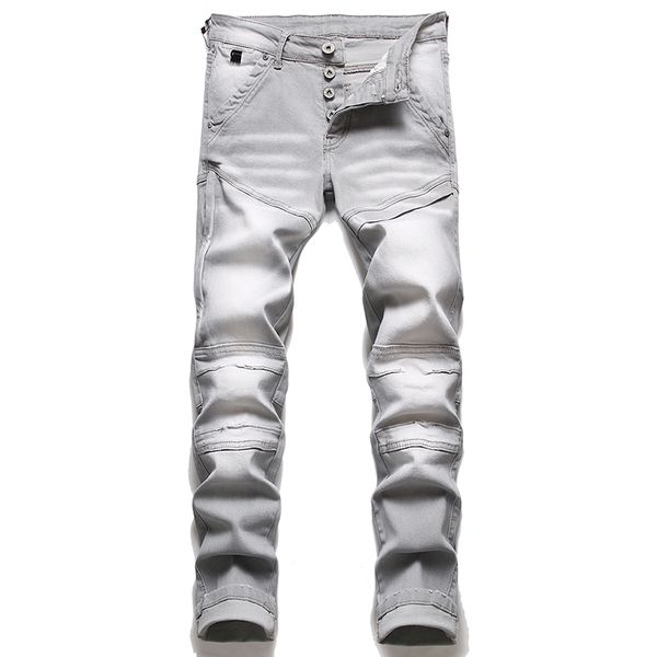 Jean de moto gris pour hommes, pantalon Slim en Denim, coutures décontractées, extensible, rayé, bas Hip-Hop de haute qualité
