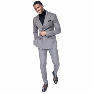 Costume gris pour hommes Slim Fit Blazer Ensembles pour mariage Peaked Revers Tuxedos 2 pièces Veste et pantalon Double boutonnage Groom Wear a5Bt #