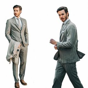 Costumes pour hommes gris sur mesure 2 pièces Blazer Pantalon Peaked Revers Simple Boutonnage Rayures Lin Mariage Slim Custom Made Plus Taille n8O5 #