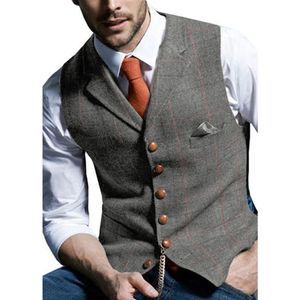 Gray Mens Vest Tweed Waistcoat Notch Lapel Wool Herringbone Man Waistcoat Vintage Suit Formal Vest Man Top247L