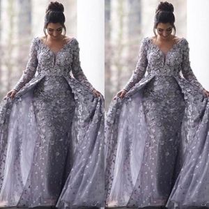 Grijze Moslim Dubai Mermaid Avondjurken Wear V-hals Lange Mouwen Kant 3D Bloemen Tule Sweep Trein Plus Size Custom Prom Party-jassen