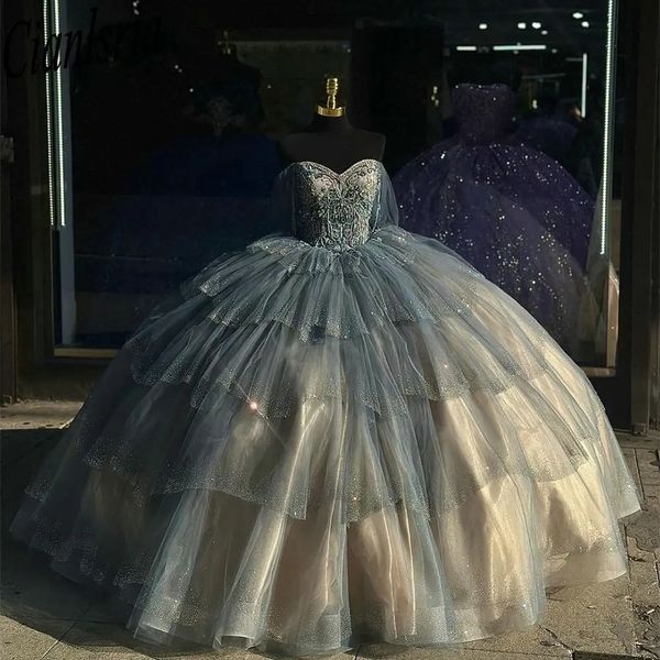 Vestido De quinceañera gris con hombros descubiertos y cuentas De cristal brillante vestido De baile con volantes corsé Vestidos De XV Anos