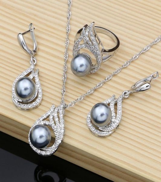 Ensemble de bijoux de mariée en perles grises, boucles d'oreilles pendantes avec pierre CZ, bague et collier en argent 925 pour femmes, Set8111237