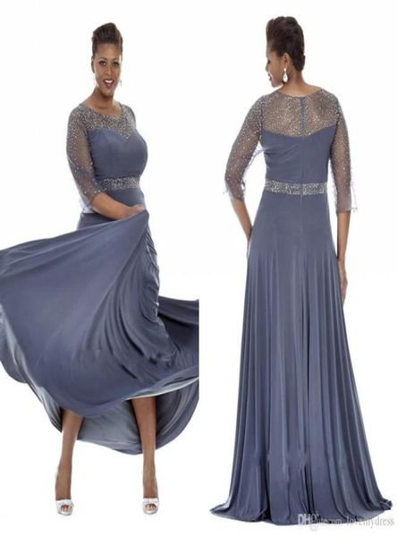 Robes de soirée gris grande taille 2019, manches transparentes, avec perles, robe mère de la mariée, robe de soirée plus longue, Dres7181498