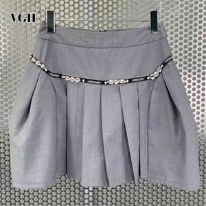 Grijze preppy stijl geplooid patchwork rok voor vrouwen hoge taille kralen casual mini rokken vrouwelijke zomer mode kleding 210531