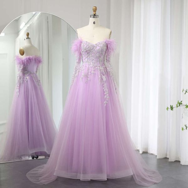 Sharon Said – robe de soirée violette, plumes de dubaï, avec manches Cape, élégante, épaules dénudées, lilas, robe de soirée de mariage, Ss262