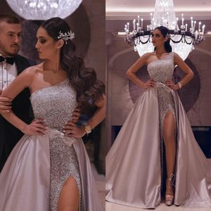 Gris Silver Bling Sequins Détachenable Train Train Robes de soirée Arabe Dubai Girls Sexy High Cuisseau Slit One épaule Empire Taies Prom Robe