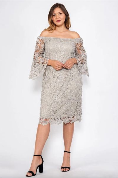 Gris Silver Mother of the Bride Robes Off épaule Manches longues Sheat Full Lace Prom Prom Party Party