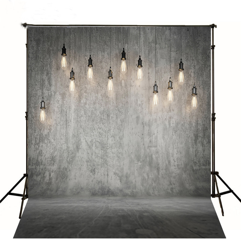 Gray Solid Wall Backdrop Wedding Bright Hanging Light Bulbs Vintage Photography Backdrops Studio Photo Booth Wallpaper Prop