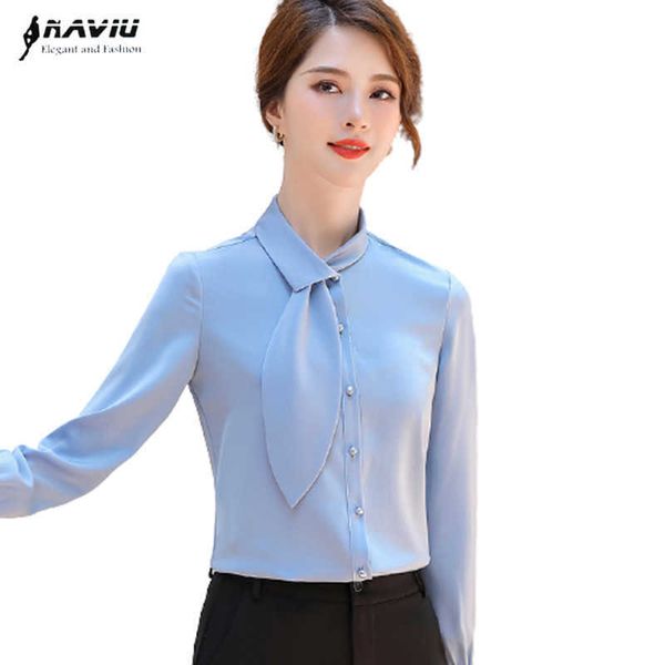 Gris cravate chemise femmes professionnel Satin mode à manches longues formel en mousseline de soie tempérament ruban Blouses bureau dames travail haut 210604