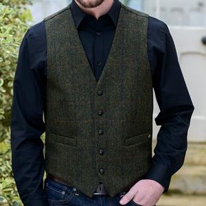 Grijze wollen bruidegom Vesten Herringband Tweed Vest Slim Fit herenpak voor prom country bruiloft Waastcoat jurk kleermaker gemaakt 2021 nieuw