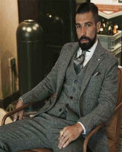 Gray Wool Tweed Men Suits voor Winter Wedding Formele bruidegom Tuxedo 3 -delige Herringband mannelijke mode set jas vest met broek L22078974527