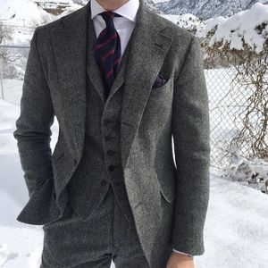 Grijze Wol Tweed Winter Mannen Pak Voor Bruiloft Formele Bruidegom Tuxedo Visgraat Mannelijke Mode 3 Stuk Jas Vest PantsTie 240117
