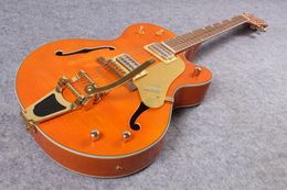 Gre Falcon G6120 metaal oranje kleur Chet Atkins country jazz half holle body elektrische gitaar Pearlicid hump ingelegde gouden swing tail